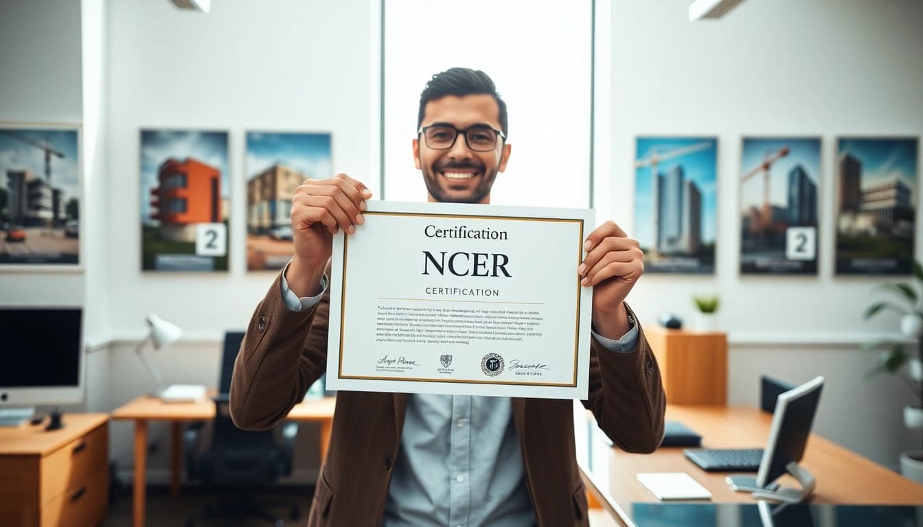 Showcase of nccer certification held by an individual in a bright office setting.