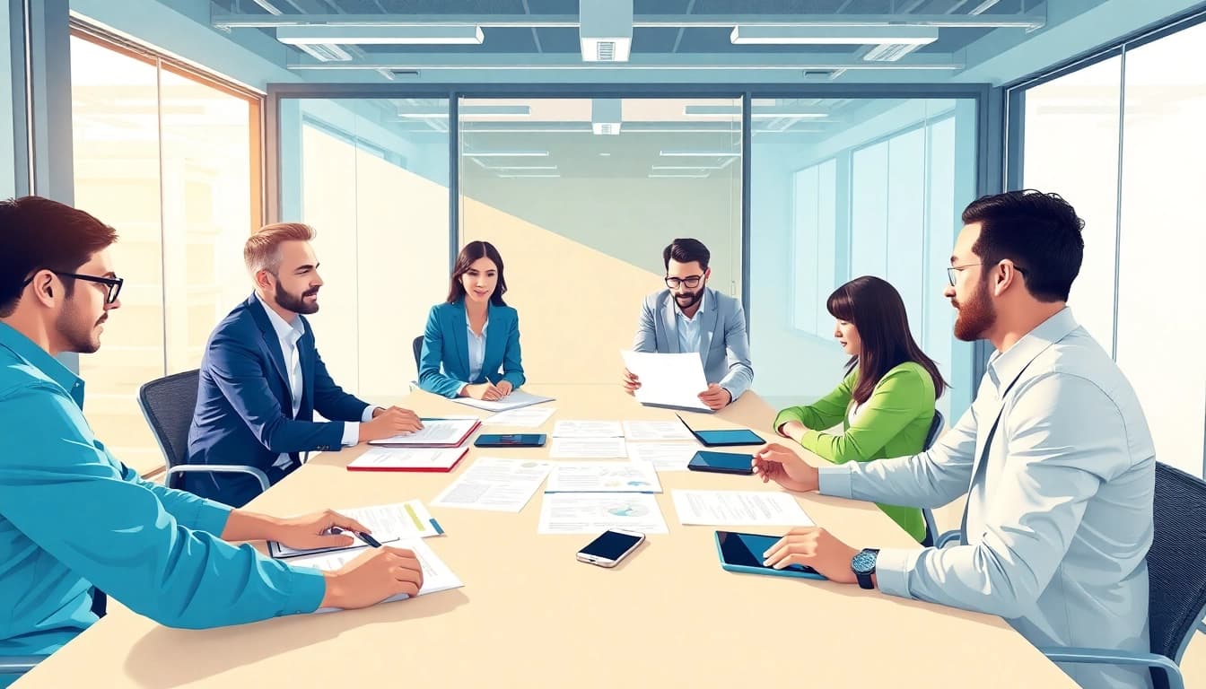Collaborative team discussing contracts and grants in a modern office setting.