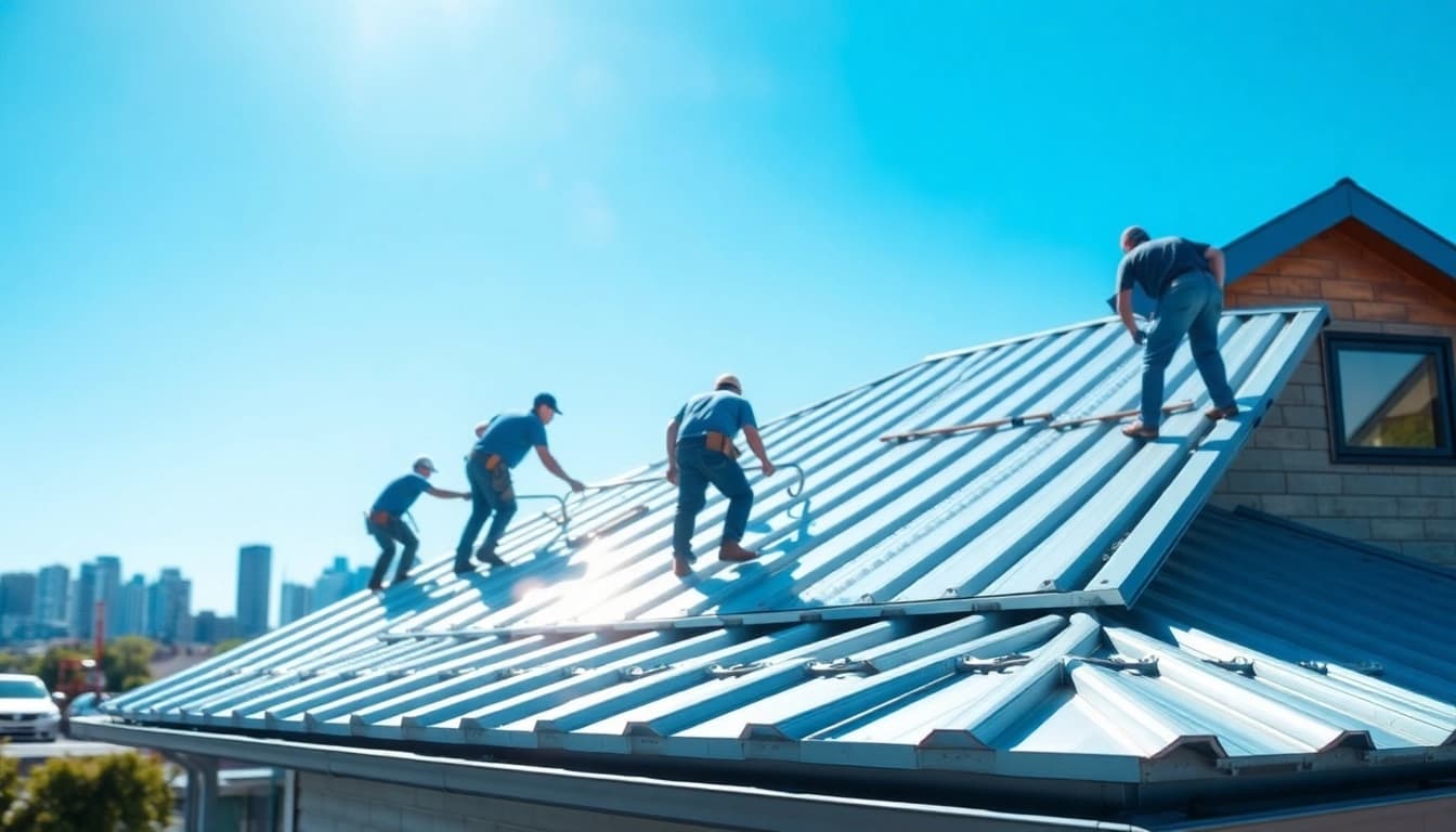 Metal roofing Toronto installation with professional crew working on a sunny residential building.