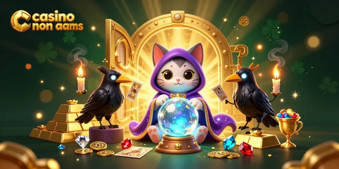 Gioca ai casino non AAMS con la fortuna di un gatto mistico e tesori scintillanti in un'illustrazione coinvolgente.