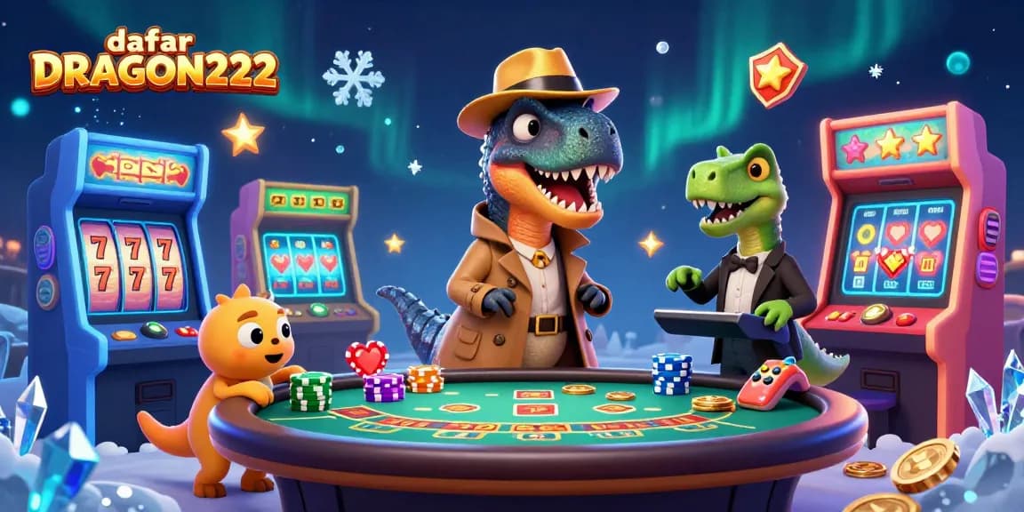 Experience an exciting game at daftar DRAGON222 with a cartoon velociraptor and vibrant casino elements.