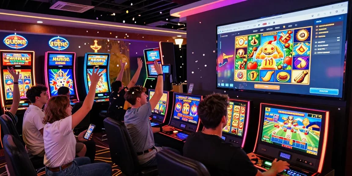 Exciting online slot gaming scene with players celebrating big wins and colorful slot machines