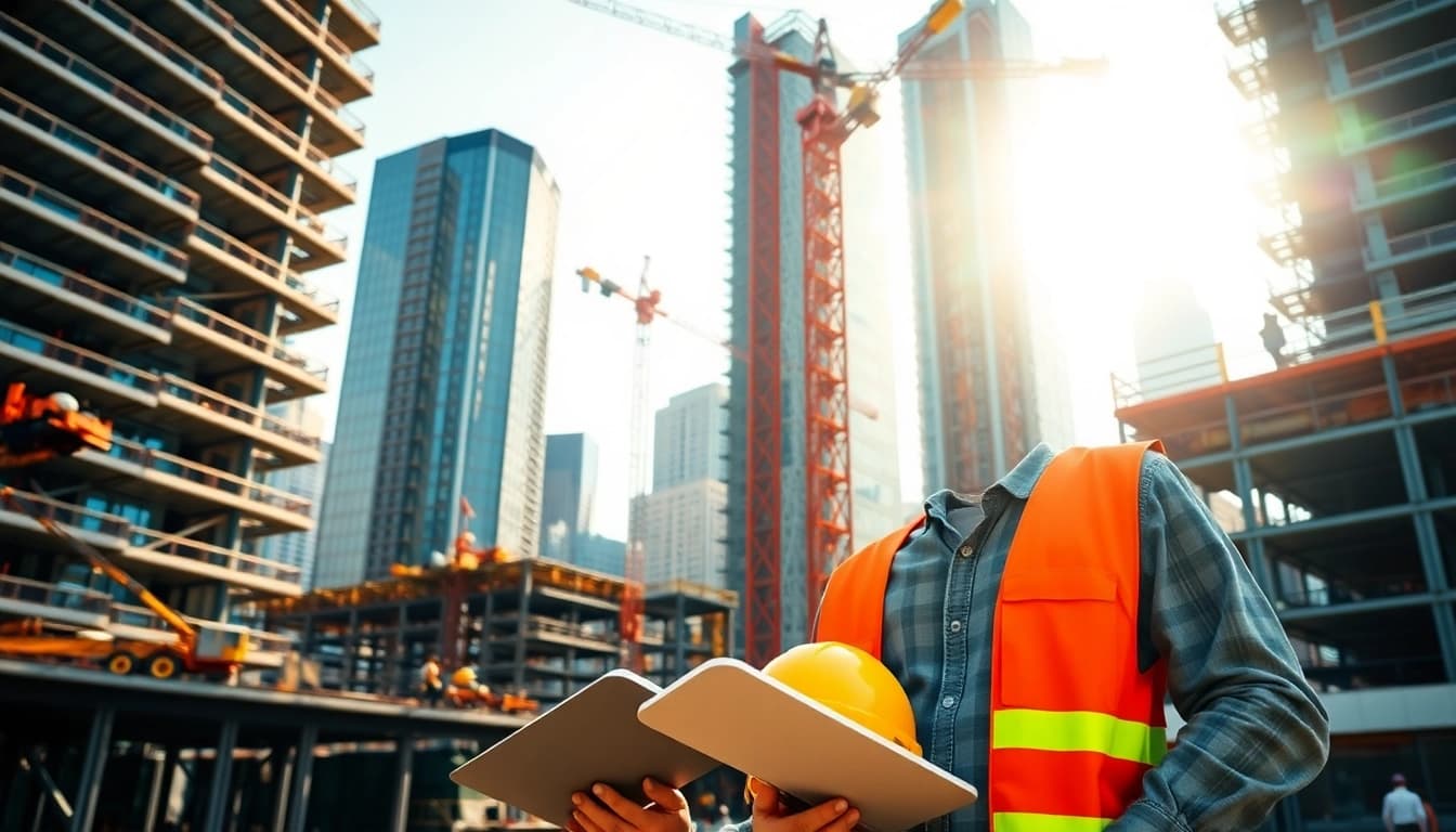 Manhattan Construction Manager guiding a busy site with cranes and workers in action.
