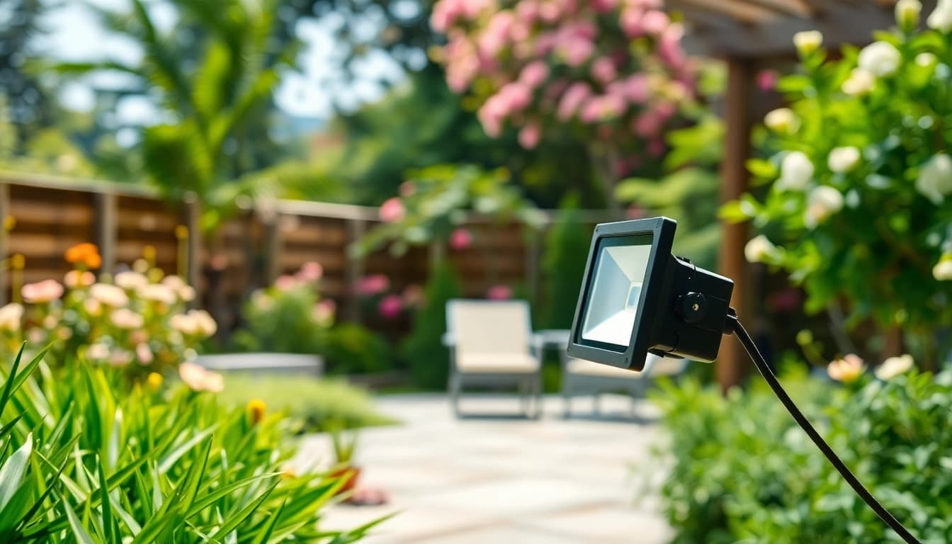 LED breedstraler verlicht een tuin, benadrukt de installatie en moderne uitstraling.