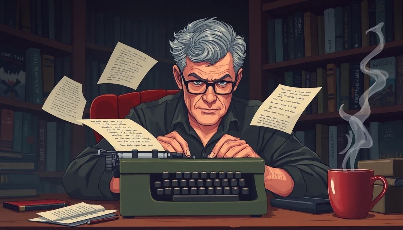 Action thriller author immersed in writing, surrounded by thriller books and a vintage typewriter.