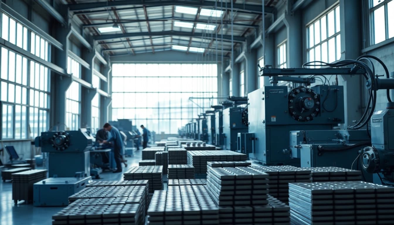 Ferrite magnets manufacturer in China producing high-quality products on a busy factory floor.
