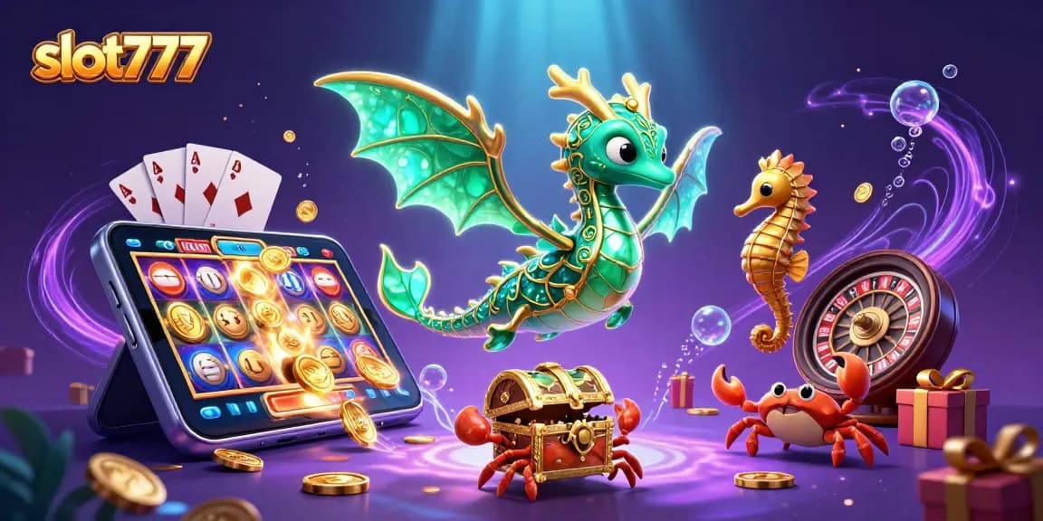 Slot777 membawa keseruan bermain slot online dengan ilustrasi naga laut dan elemen kasino yang menarik.