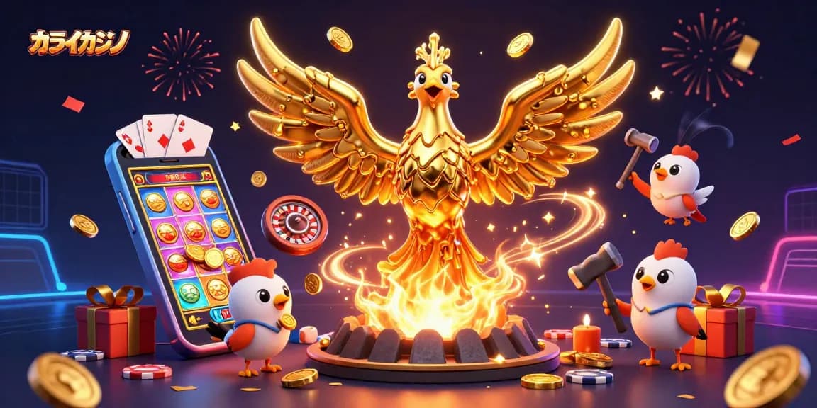 オンラインカジノでの勝利を象徴する、黄金の鳳凰がゲーム体験を盛り上げるシーン。