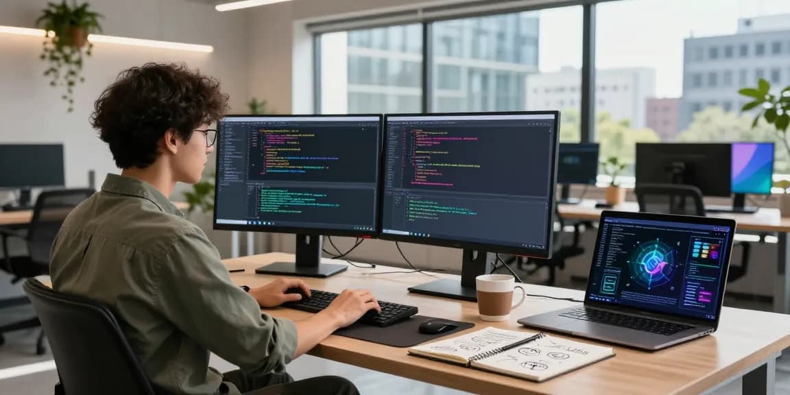 Dynamic tech workspace with innovative developer coding spicy ai solutions on dual monitors.