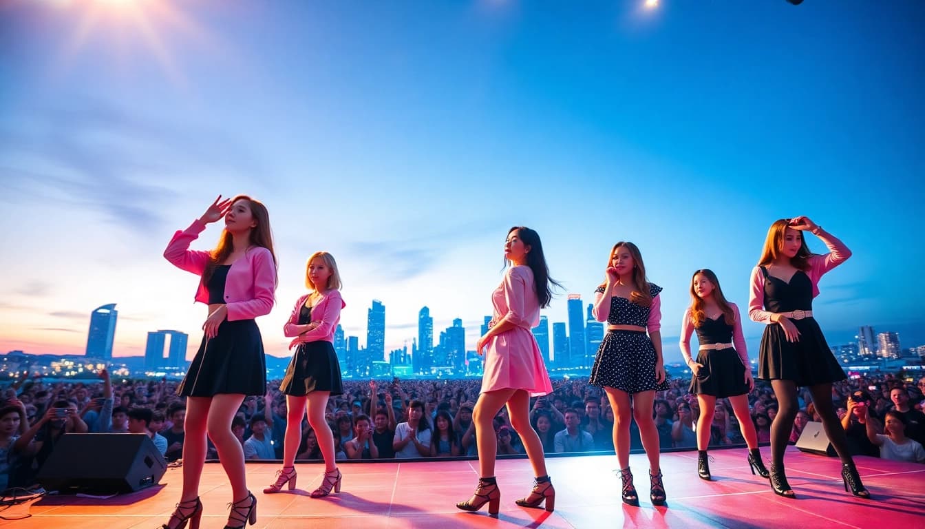 Blackpink news featuring the K-pop group performing live, showcasing their energetic style and vibrant stage.
