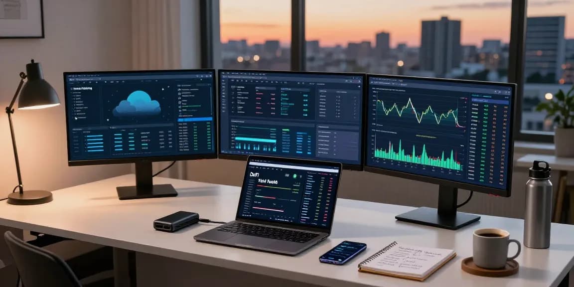 Cloud mining analytics on monitors in a cryptocurrency trading setup with live crypto market data and wallet tracking.