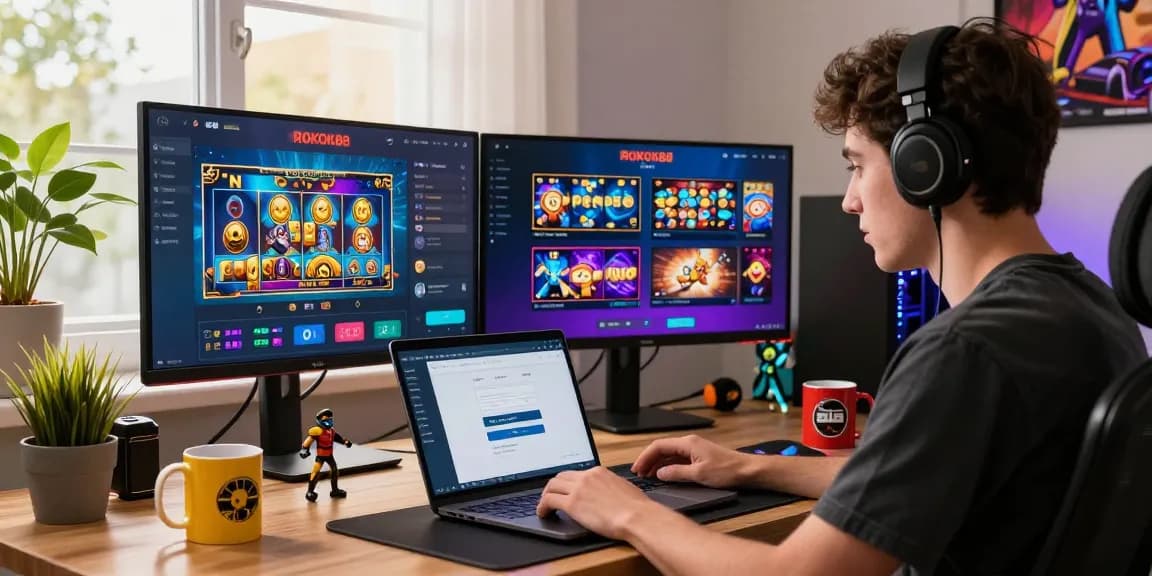 Engaged user accessing rokok88 slot login on vibrant digital platform in a modern workspace.