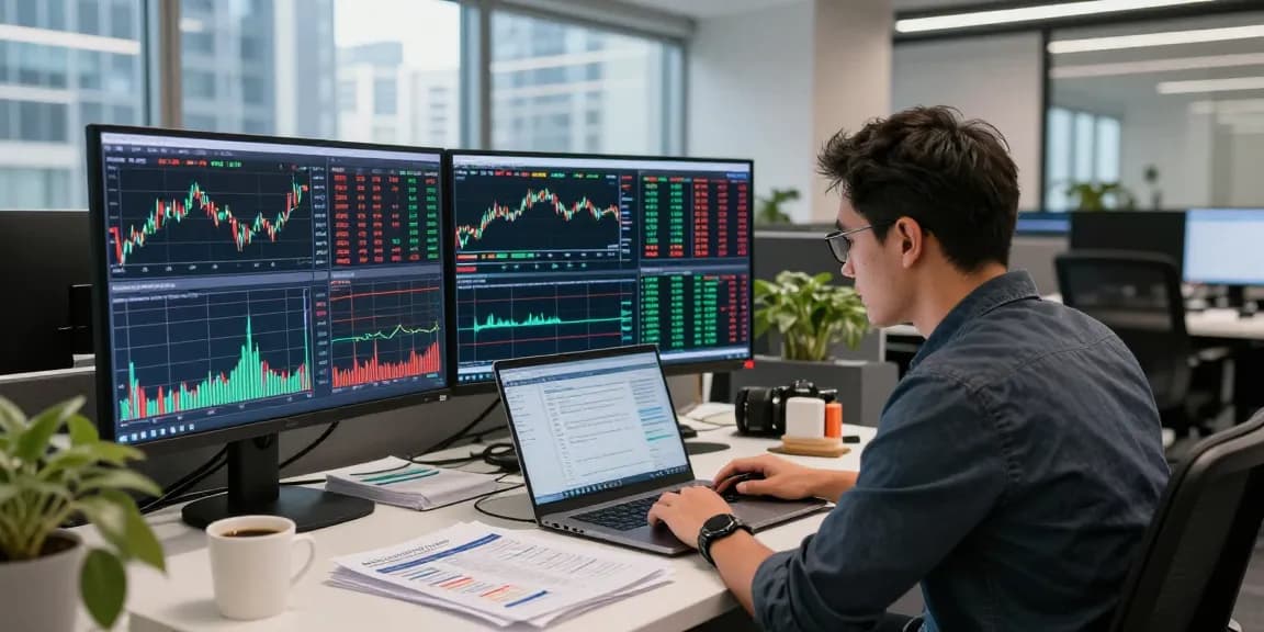 Trader analyzing forex market live prices on multiple screens in a modern financial office.