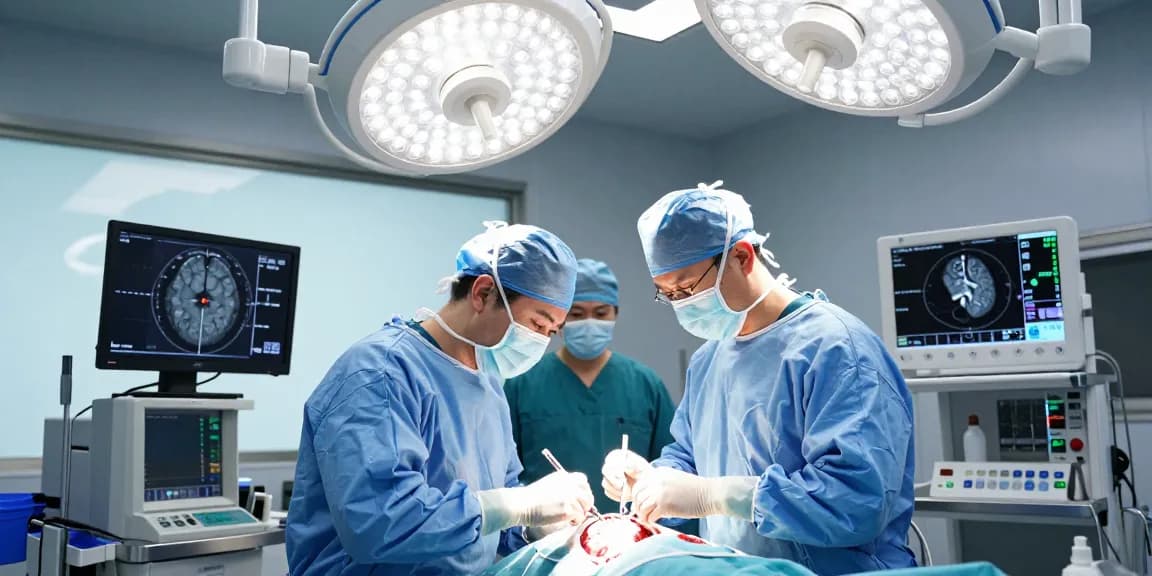 Beyin ameliyatı in a modern operating room, neurosurgeon performing surgery with advanced imaging and a focused surgical team.