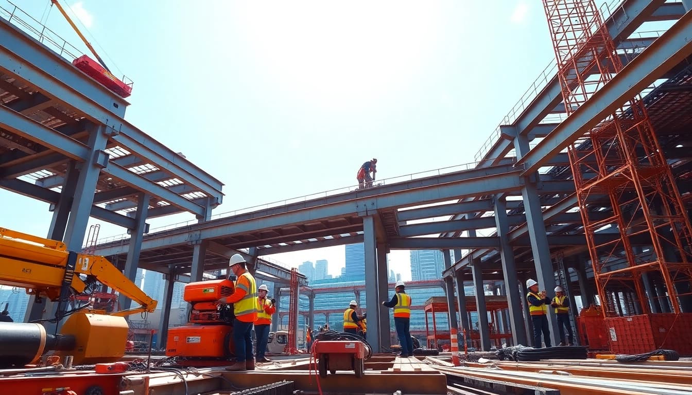 Efficient structural steel installation process highlighting skilled workers and teamwork.