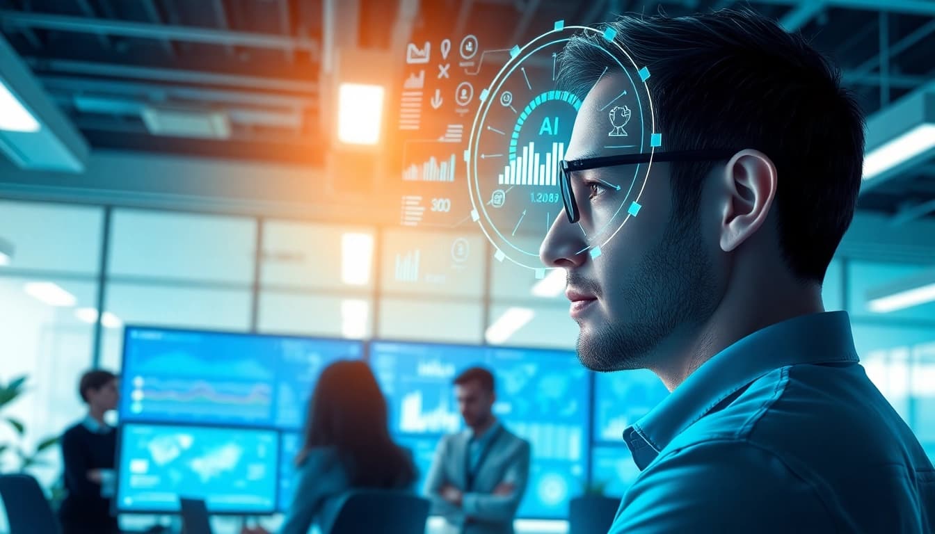 Engaging human interface with AI demonstrating collaborative possibilities in a modern workspace.