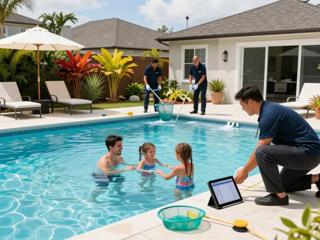 Dolphin Pool Services team ensuring a pristine pool for families in Virginia with professional maintenance tools.