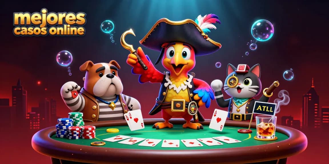 Ilustra los mejores casinos online con un capitán pirata, un bulldog y un gato, rodeados de fichas y cartas.
