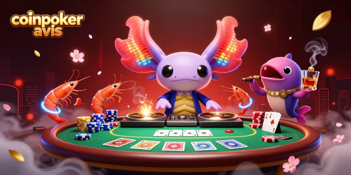 CoinPoker : plongez dans une illustration dynamique du casino avec un DJ axolotl et des éléments de poker éclatants.