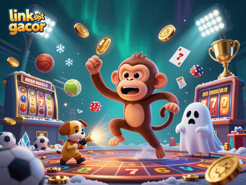 Experience the thrill of link slot gacor with a lively illustration of a playful poltergeist monkey and ghost-hunter puppy.