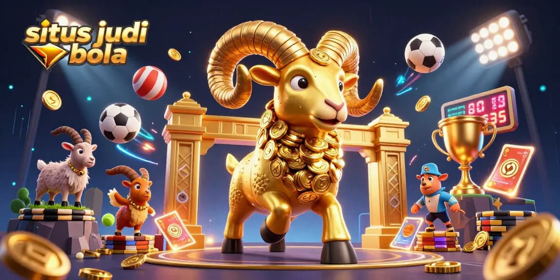 Witness the excitement at situs judi bola with golden ram charging through sports elements in vibrant 3D!
