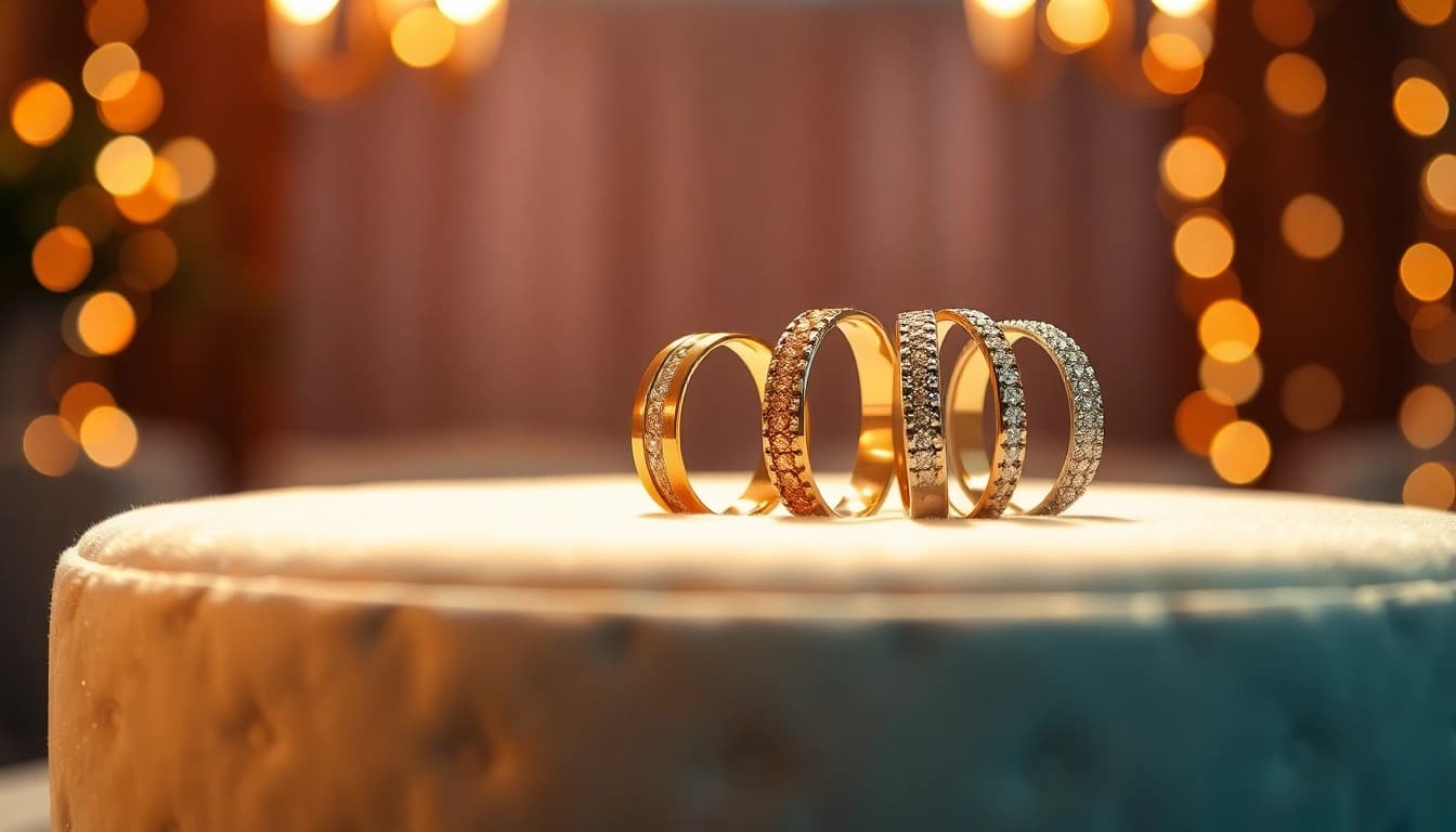 Showcase of exquisite wedding bands reflecting light and detail in a warm setting.