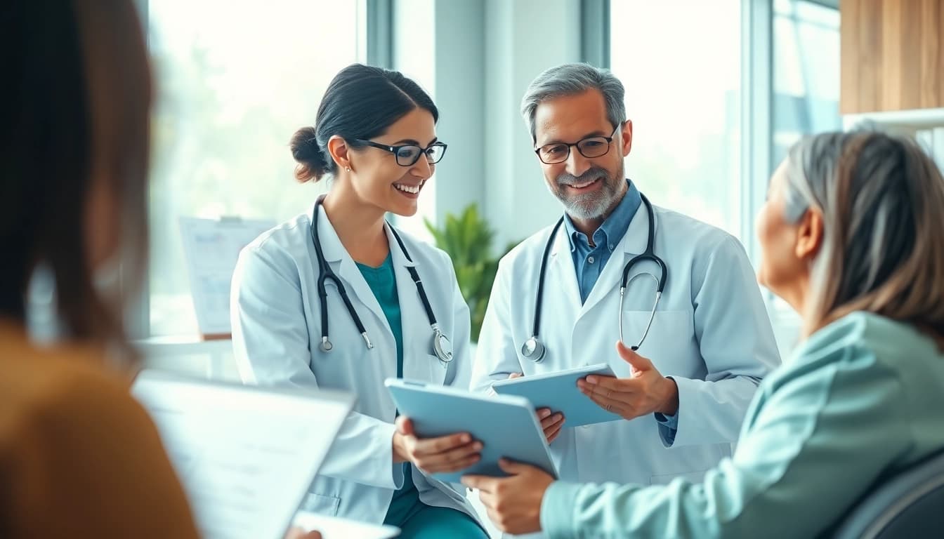 Consulting a patient on health topics in a modern clinic, fostering trust and care.