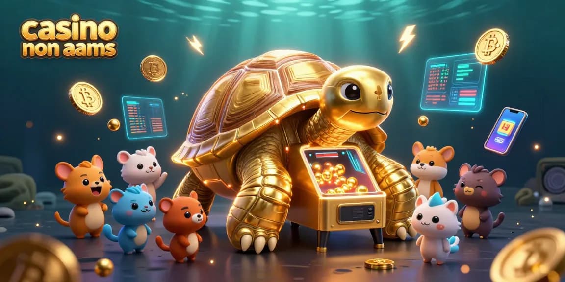 Gioca nei casino non AAMS con una tartaruga che è anche una slot machine, circondata da monete criptovalute.