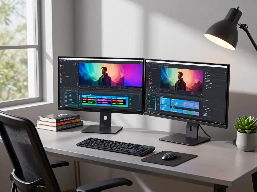 Video to prompt ai in a modern tech workspace with dual monitors and vibrant analysis software