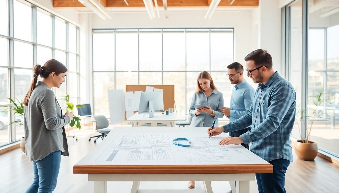 Architects collaborating at an architecture and engineering firm, showcasing design and planning.
