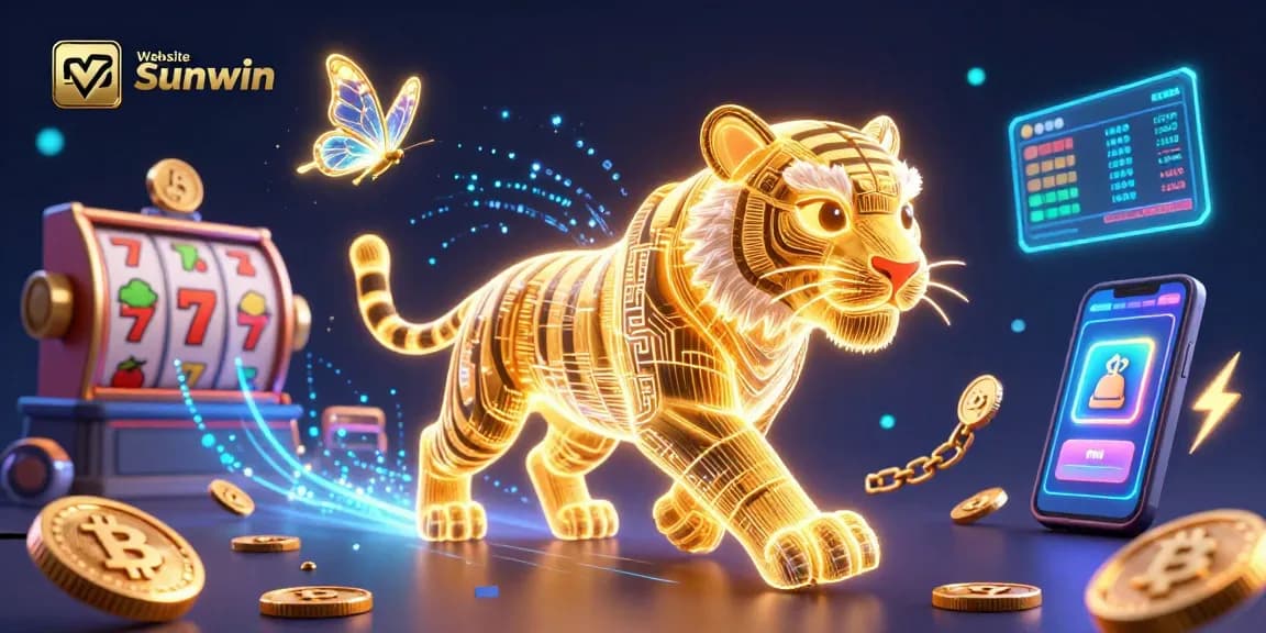 Engage with Website Sunwin's vibrant digital casino aesthetics featuring dynamic slot elements and illuminated cryptocurrencies.