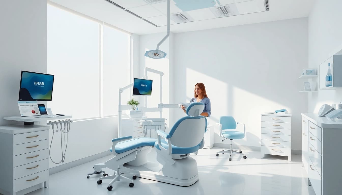 DPEARL 口コミ showcasing a modern dental clinic with a friendly staff member and advanced dental equipment.
