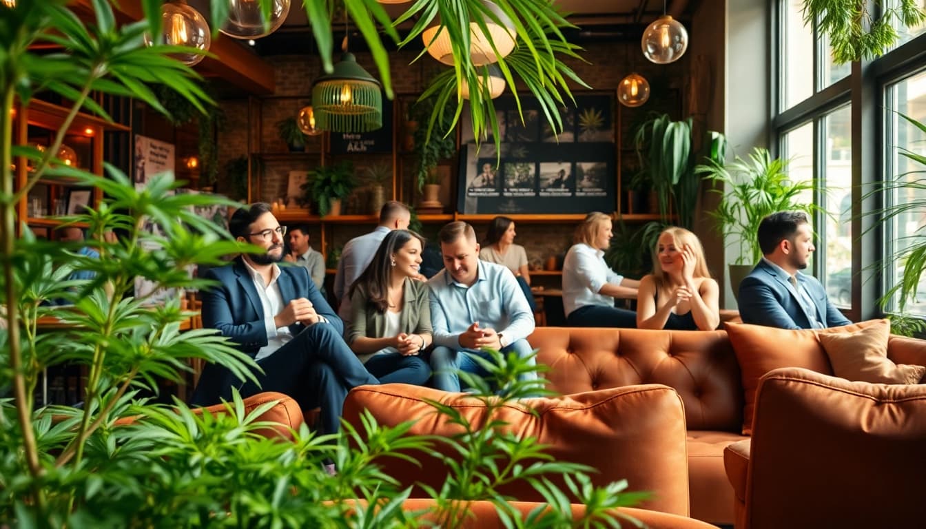 Visiteurs du Weed Club Madrid profitant d'une ambiance décontractée avec des plantes vertes luxuriantes.