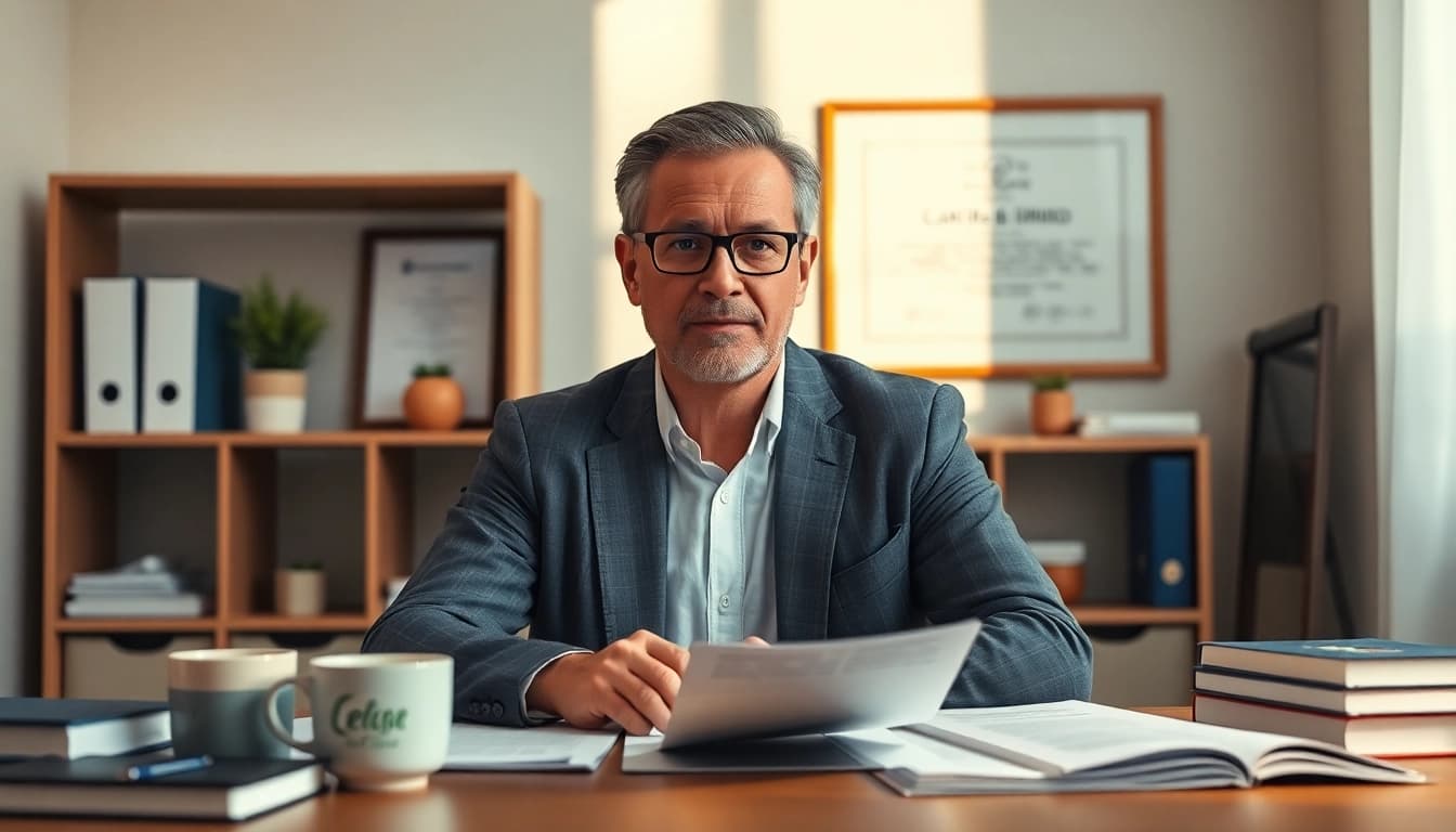 Traducteur portugais certifié professionnel travaillant à son bureau, démontrant son expertise en traductions juridiques.