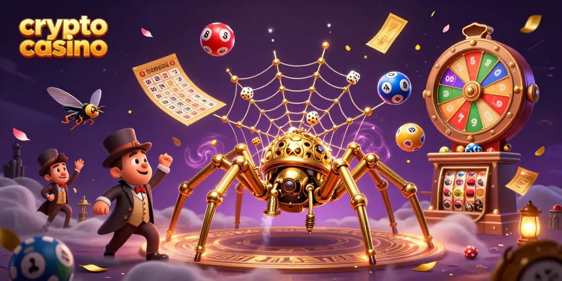 Giocatori che interagiscono in un crypto casino, mentre una ragnatela d'oro cattura dadi sfortunati.