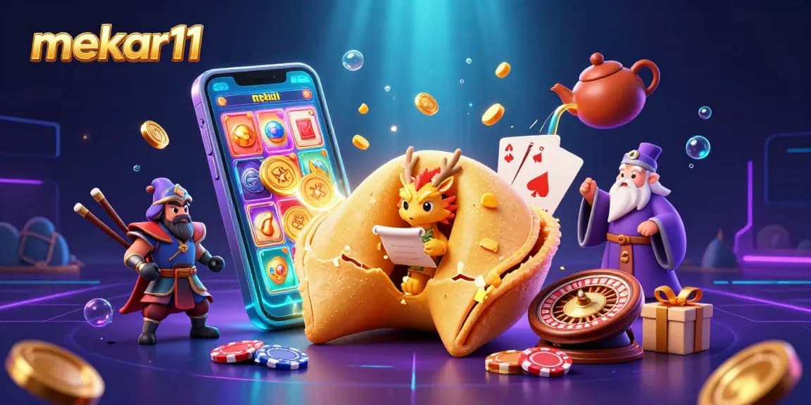 Experience the excitement of mekar11 casino games with a giant golden fortune cookie and slot reels!