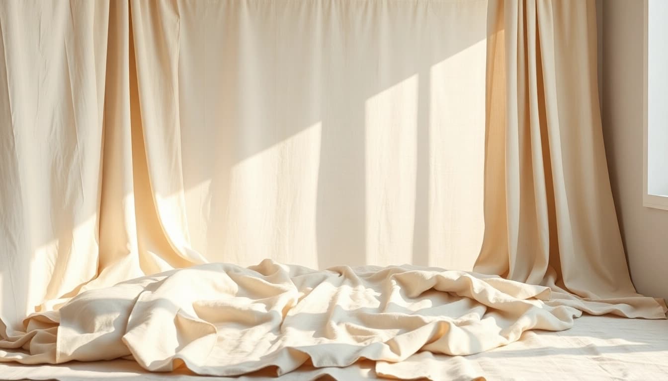 Linnen textiel elegant gepresenteerd in een zonnige kamer met zachte texturen.