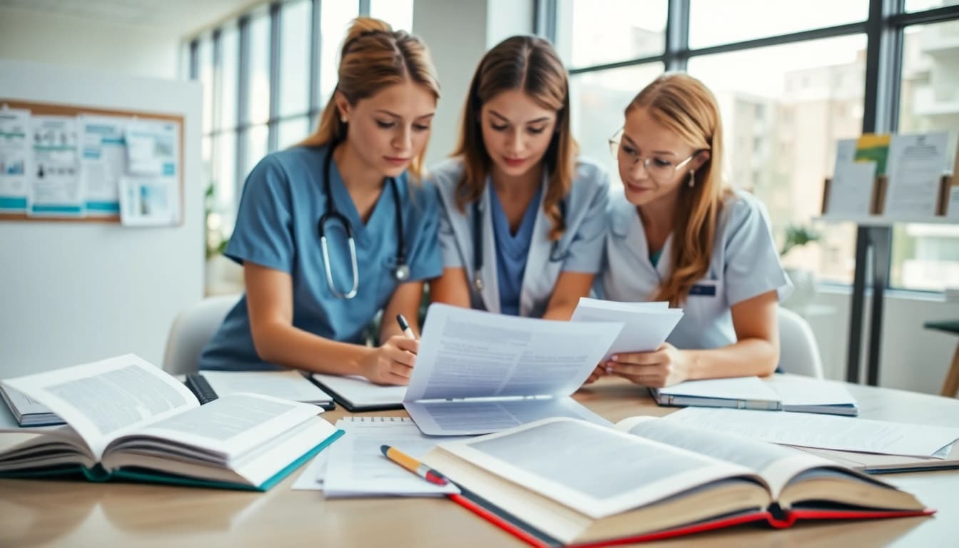 Nurses reviewing a nursing research paper format, focused on collaboration and study.