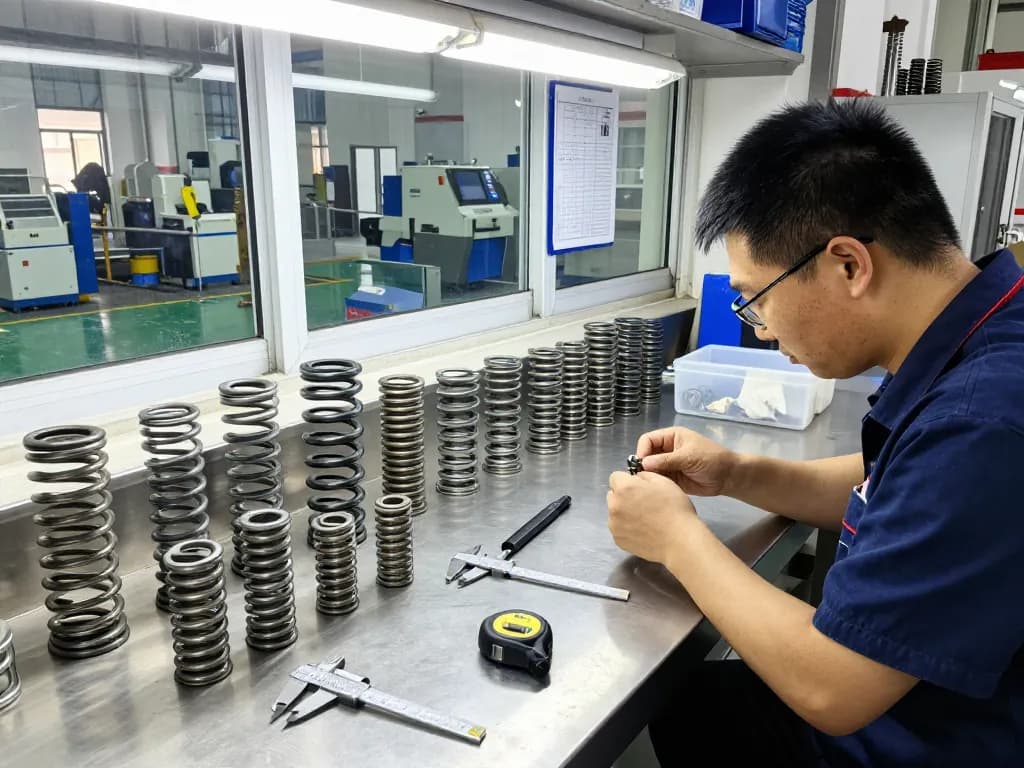 Arcuri compresie inspectate de un tehnician într-un atelier industrial