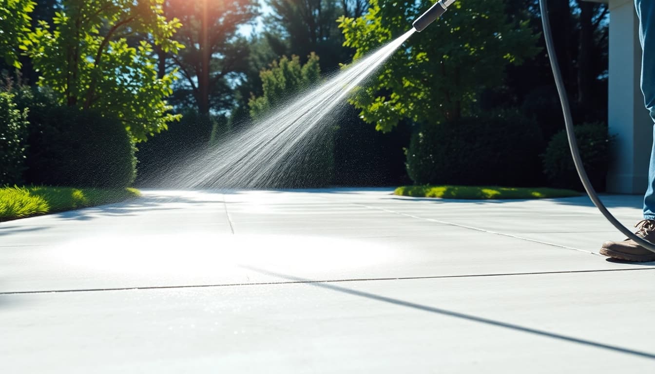 Professional pressure wash service revitalizing a driveway in Kissimmee, FL.