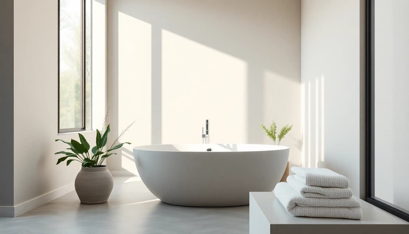Vasca da bagno moderna in un bagno elegante e luminoso con dettagli raffinati.