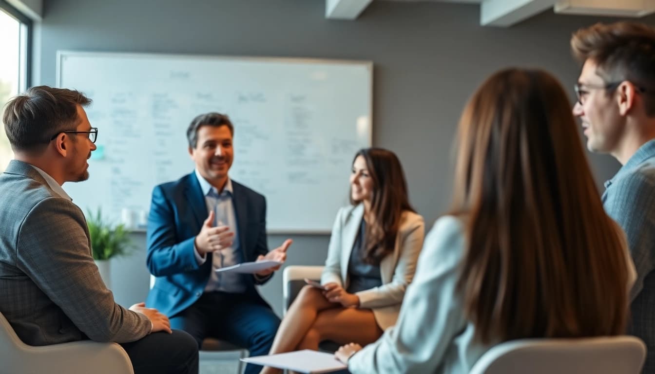 Mediation session with diverse participants discussing conflict resolution in a modern office.