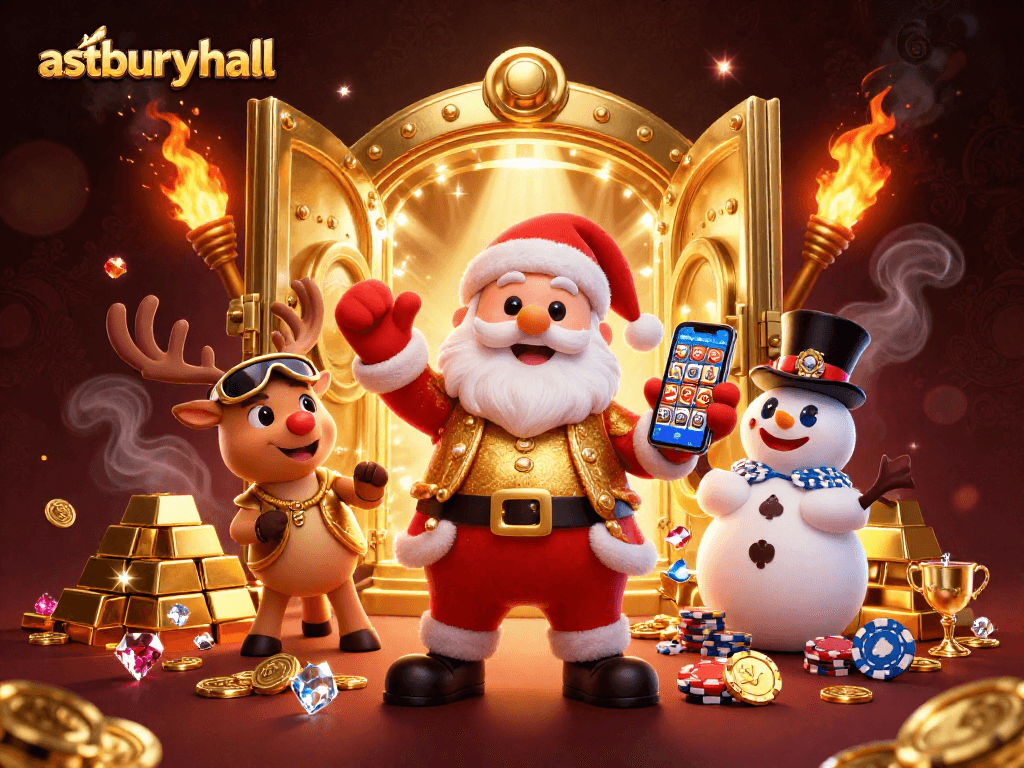 Engage with astburyhall at this festive cartoon casino scene featuring Santa and friends celebrating jackpots.