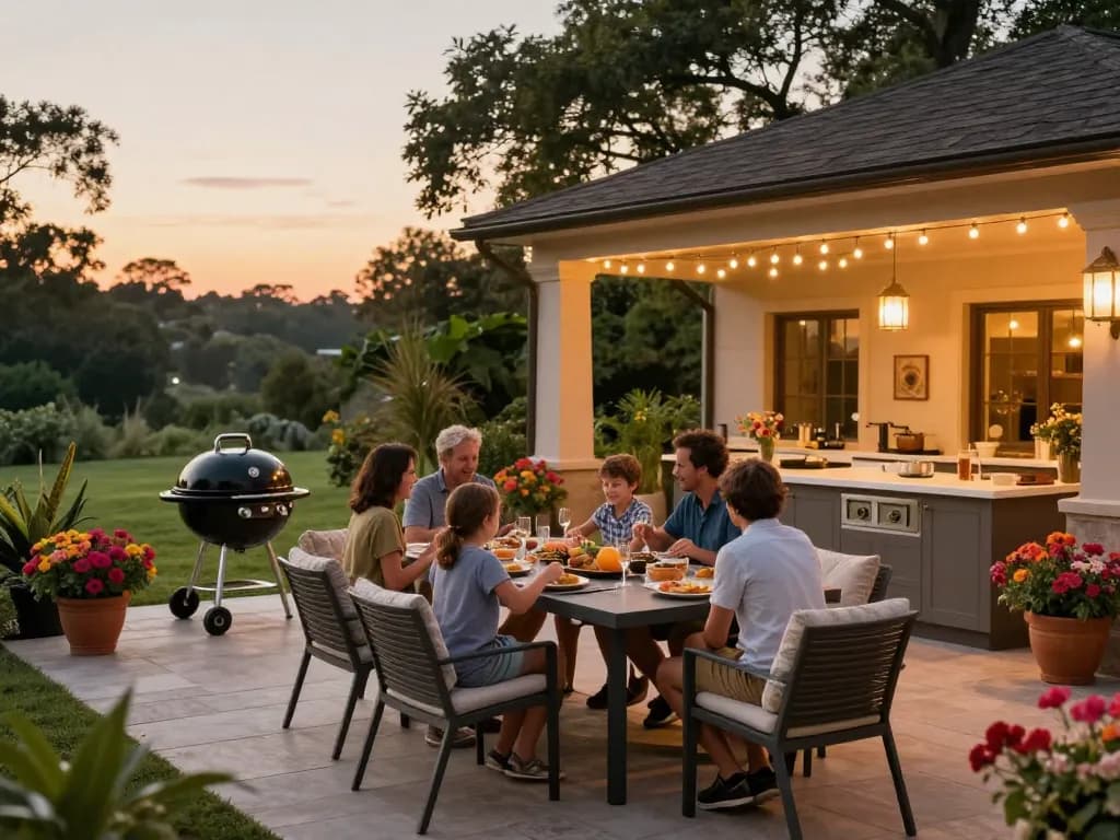 Outdoor living configurator showcasing a family gathering in a beautifully designed patio space with festive lighting.