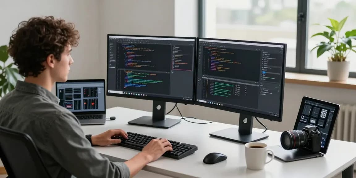 Developer coding in a modern workspace for 纸飞机中文版, showcasing advanced software features.