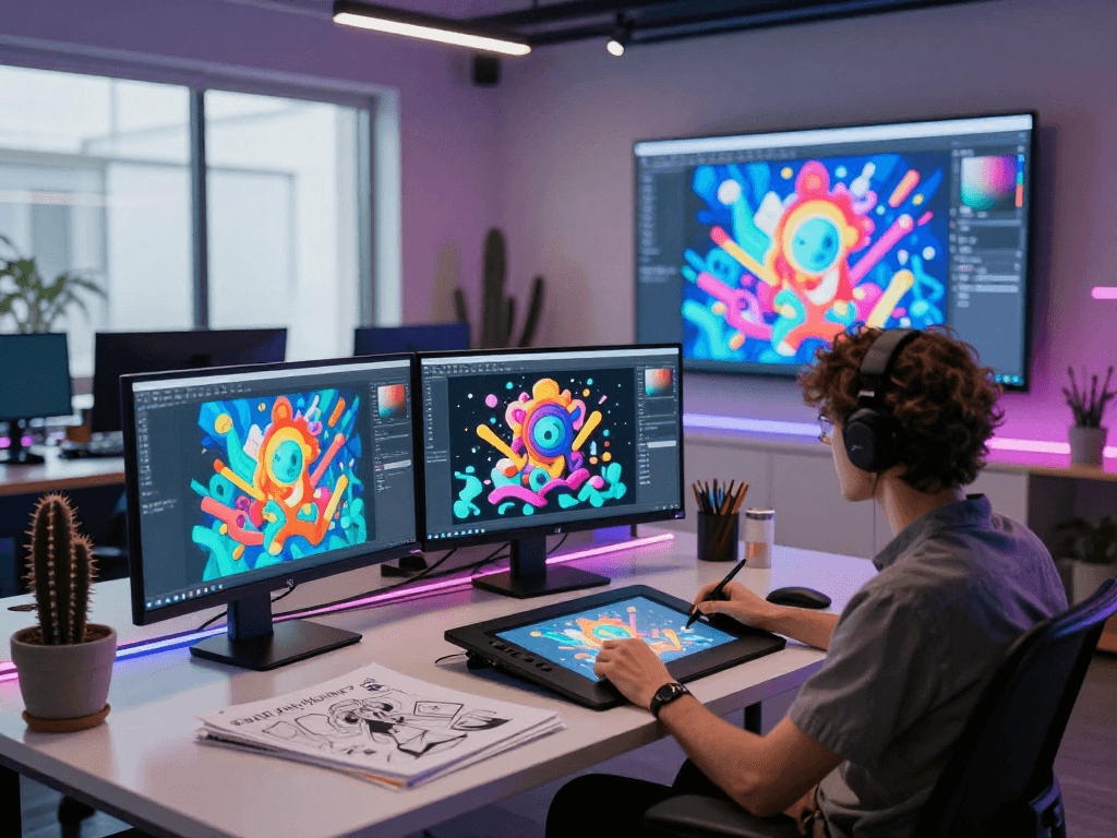 Artist creating stunning AI porn visuals in a vibrant digital studio