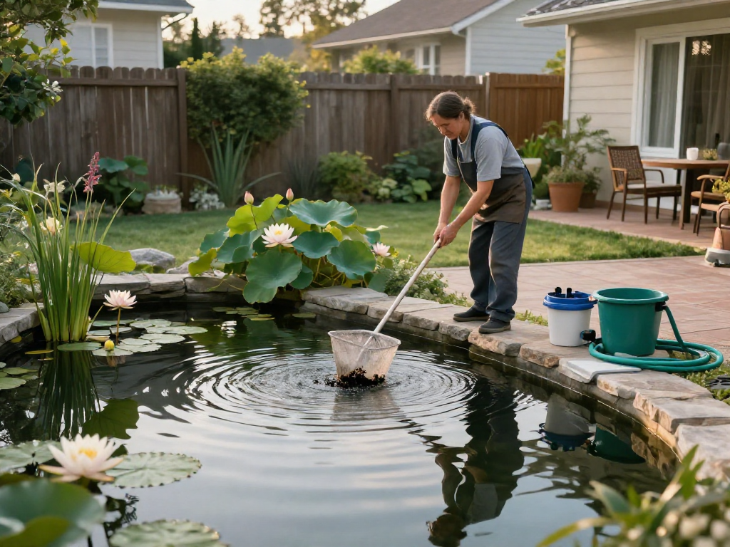 Pond Cleaning London expert cleaning a tranquil garden pond