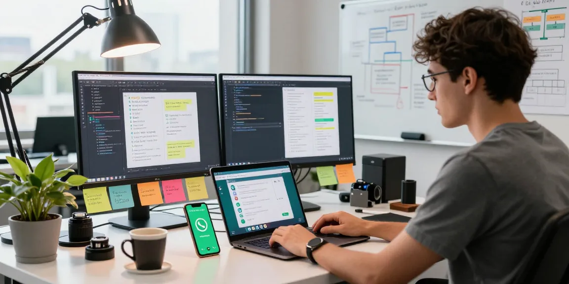 WhatsApp下載 screen on smartphone next to a laptop showcasing app development workspace.