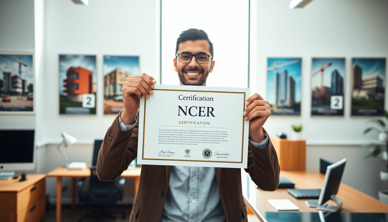 Showcase of nccer certification held by an individual in a bright office setting.