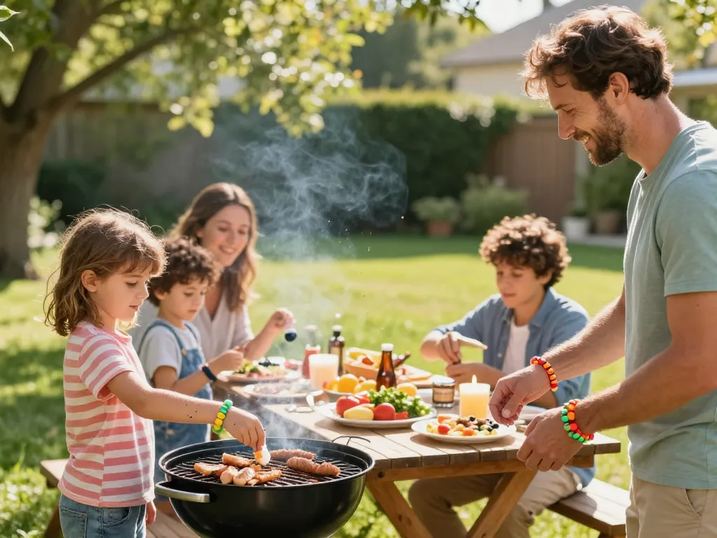 Family enjoying a backyard barbecue with mosquito repellent products for effective protection.